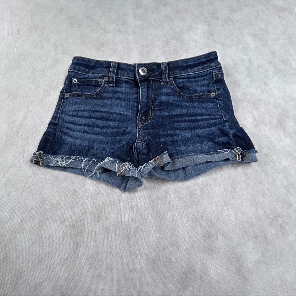 American Eagle Outfitters Blue Super Stretch Jean Shorts With Frayed Hem Size 2